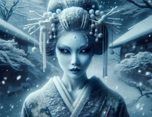 Immagine della Yuki Onna, uno spirito del folklore giapponese, immersa in un paesaggio innevato