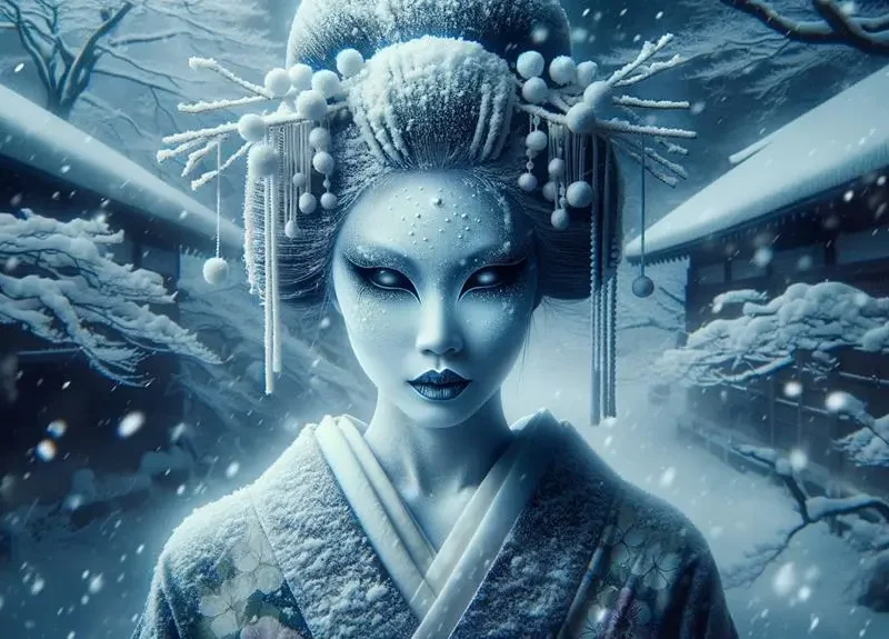 Immagine della Yuki Onna, uno spirito del folklore giapponese, immersa in un paesaggio innevato