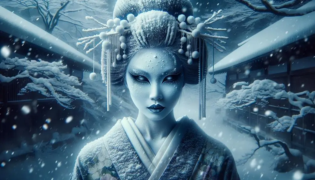 Immagine della Yuki Onna, uno spirito del folklore giapponese, immersa in un paesaggio innevato