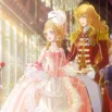 Scena animata del film Lady Oscar – La Rosa di Versailles su Netflix, con Oscar, Maria Antonietta e André nella Galleria degli Specchi.