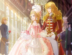 Scena animata del film Lady Oscar – La Rosa di Versailles su Netflix, con Oscar, Maria Antonietta e André nella Galleria degli Specchi.