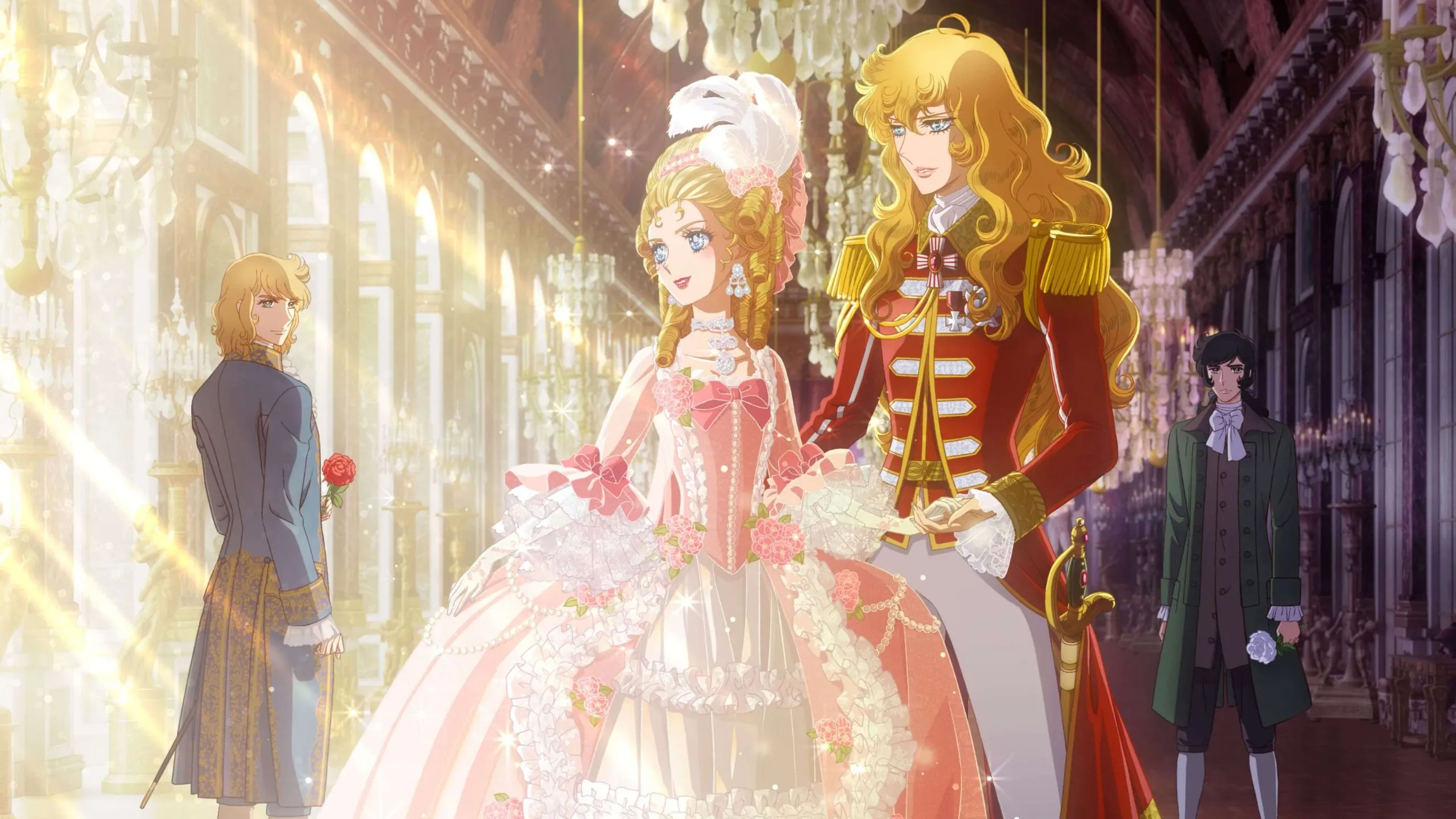 Scena animata del film Lady Oscar – La Rosa di Versailles su Netflix, con Oscar, Maria Antonietta e André nella Galleria degli Specchi.